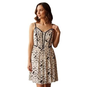 BCBGeneration L Ivory Pink Black Polk Dot Abstract Dress Smocking R $98